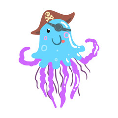 Funny cartoon jellyfish pirate in a hat and eye patch colorful character vector Illustration