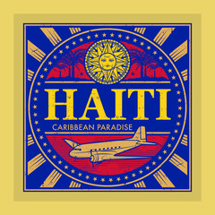 Stamp or vintage emblem with airplane, compass and text Haiti