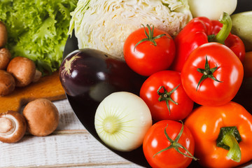 Assortment of fresh organic farmer vegetables food for cooking vegan vegetarian diet and nutrition