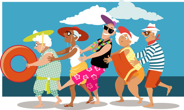 Group of active seniors dancing a conga line dance on the beach, EPS 8 vector illustration