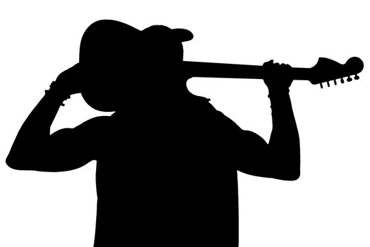 Black silhouette of a man with a guitar on a white isolated background. Horizontal frame