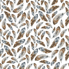Watercolor feathers pattern on white background