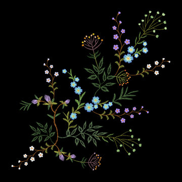 Embroidery trend floral pattern small branches herb leaf with little blue violet flower. Ornate traditional folk fashion patch design neckline blossom on black background vector illustration