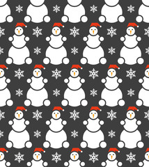 Raster illustration. Christmas seamless pattern with Snowman and snow flakes on a blue background with silhouette of a snowman with a red hat. Snowman with Santa Claus hat. The original snowman