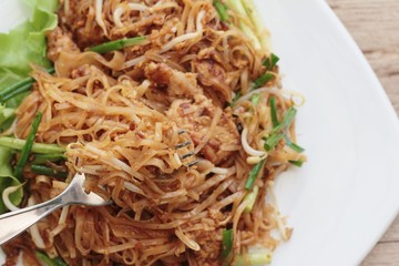 Fried noodle Thai style with pork is delicious
