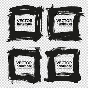 Four square frames from black smears isolated on imitation transparent background