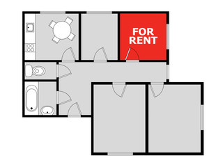 Flatsharing - plan of flat with marked free room as advertising to share housing, living and staying at apartment. Vacant bedroom is free for accommodation of tenant and flatmate / roommate