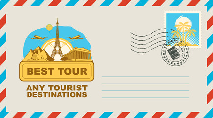 Postal envelope with stamp and rubber stamp. Illustration on the theme of travel with architectural and historical sights, passenger aircraft and the words Best tour Any tourist destinations © paseven