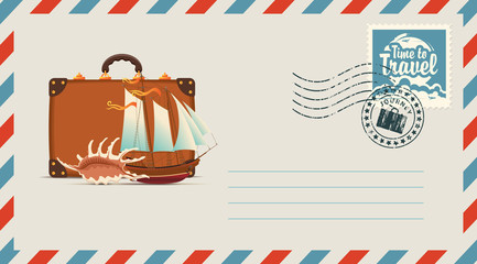 Postal envelope with stamp and rubber stamp. Illustration on the theme of travel with a suitcase, sailboat and seashell and the inscription Time to travel