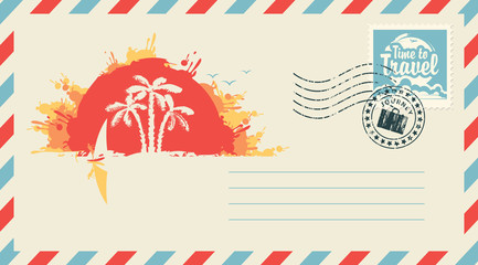 Postal envelope with stamp and rubber stamp. Illustration on the theme travel landscape with palm trees, surfer and island at sunset and the inscription Time to travel