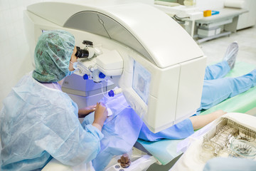 ophthalmology operation. Surgeon's hands in gloves performing laser eye vision correction correction.