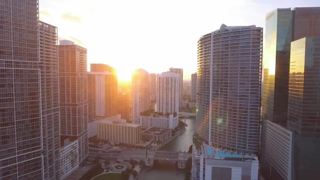 Aerial shot of buildings in Miami during sunset