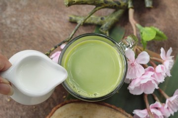 Green tea with milk and matcha tea powder
