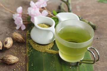 Hot green tea and matcha tea powder