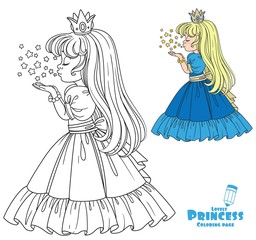 Beautiful princess girl blows off the magic shiny stars color and outlined picture for coloring book on white background