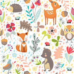 Plakaty  Bezszwowe tło ze zwierzętami leśnymi