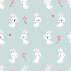 Seamless pattern with white rabbits