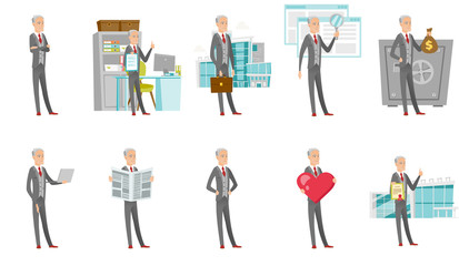 Senior caucasian businessman set. Businessman holding clipboard, sack with money, magnifying glass, giving thumb up. Set of vector flat design cartoon illustrations isolated on white background.
