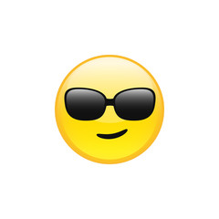 Cool smiling emoticon emoji face in dark sunglasses vector icon isolated on white background
