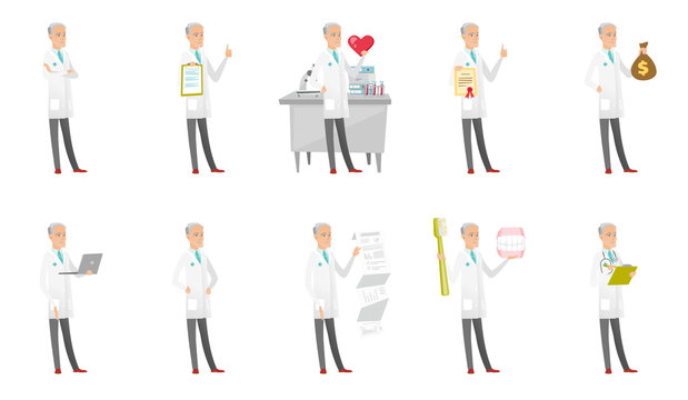 Senior caucasian doctor set. Doctor showing heart, thumbs up, money bag, document with presentation, using a laptop. Set of vector flat design cartoon illustrations isolated on white background.