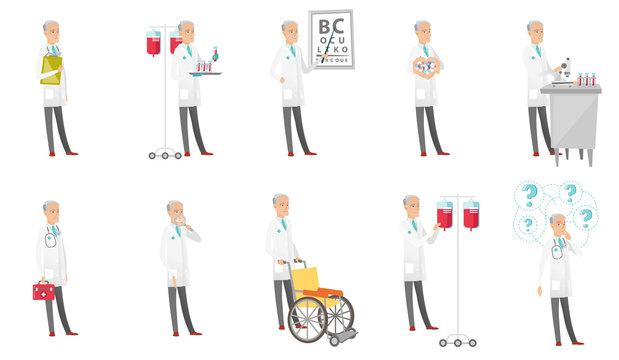 Senior caucasian doctor set. Scientist working with microscope, ophthalmologist pointing at eye chart, dentist with loupe. Set of vector flat design cartoon illustrations isolated on white background.