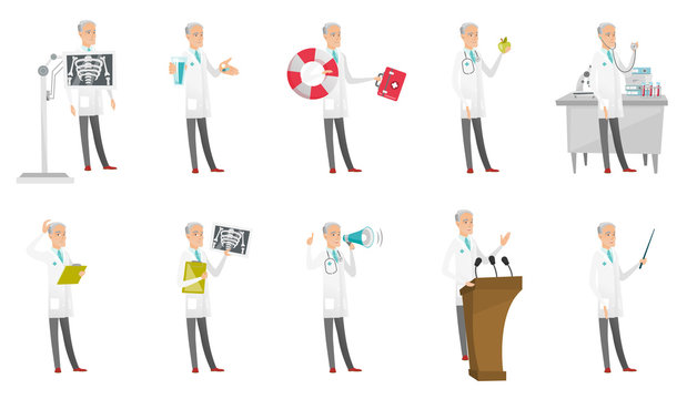 Senior caucasian doctor set. Paramedic with lifebuoy and first aid kit, nutritionist holding apple, doctor with radiograph. Set of vector flat design cartoon illustrations isolated on white background