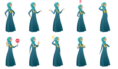 Young muslim business woman set. Business woman screaming, thinking, shrugging shoulders, scratching head, showing stop road sign. Set of vector flat design illustrations isolated on white background.