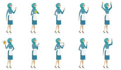 Fototapeta na wymiar Young muslim cleaner set. Cleaner giving thumb up, holding money, alarm clock, cell phone, tablet computer, pointing finger up. Set of vector flat design illustrations isolated on white background.