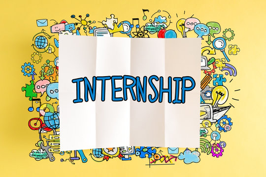 Internship text with colorful illustrations on a yellow background