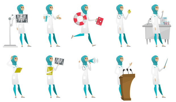 Young muslim doctor set. Paramedic running with lifebuoy, nutritionist holding apple, doctor with a stethoscope, radiograph. Set of vector flat design illustrations isolated on white background.