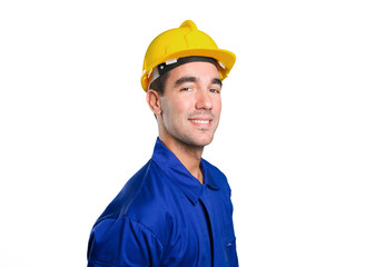 Happy worker posing on white background