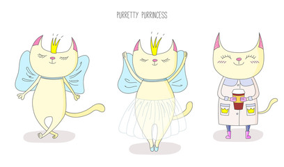 Hand drawn vector illustration of a cute cat princess, in shining crown, with a bow, in ballet tutu, in a coat with a paper cup, with text Purretty princess.