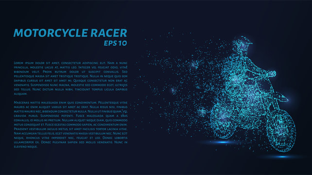 The motorcycle consists of points. Particles in the form of a motorcycle racer on a dark background. Vector illustration. Graphic concept motorcycle.