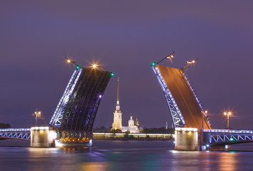 Fototapeta na wymiar Palace drawbridge, White nights in Saint Petersburg, Russia
