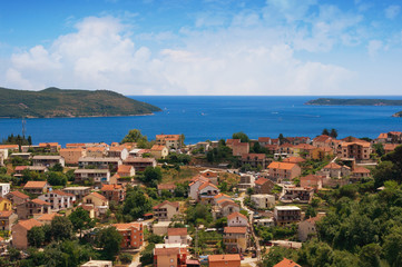 Naklejka na ściany i meble Mediterranean landscape. View of the Adriatic Sea and Kotor Bay from the mountain near the city of Herceg Novi. Montenegro