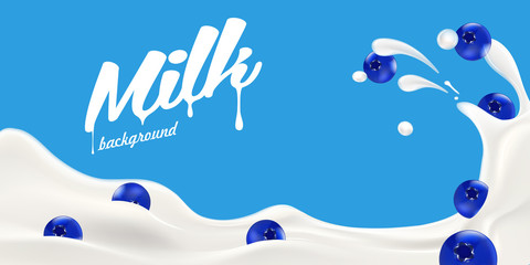 Milk splash with blueberry berries vector illustration for yogurt or milk product label and packaging design or advertising needs