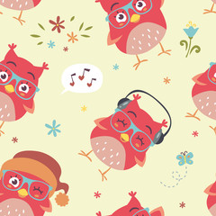 vector cartoon style blue owl seamless pattern