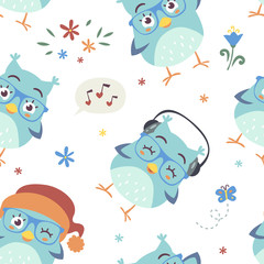vector cartoon style blue owl seamless pattern