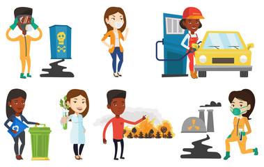 Concerned man in radiation protective suit clutching head. Man in radiation suit looking at leaking barrel with radiation sign. Set of vector flat design illustrations isolated on white background.