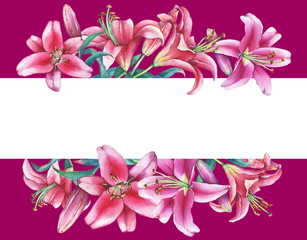 Fototapeta premium Banner with a pink lilies, isolated on burgundy background. Watercolor hand drawn painting illustration.