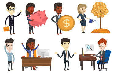 African-american business woman with piggy bank. Business woman holding piggy bank . Business woman saving money in piggy bank. Set of vector flat design illustrations isolated on white background.