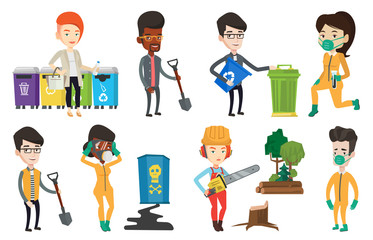 Fototapeta premium Young caucasian man carrying recycling bin. Man holding recycling bin while standing near a trash can. Waste recycling concept. Set of vector flat design illustrations isolated on white background.