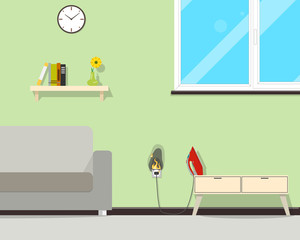 Because of the high voltage on the network, the wiring in the house caught fire. Vector illustration