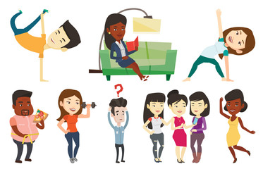 Asian man showing his skills in break dance. Happy breakdance dancer doing handstand. Young man dancing. Strong man breakdancing. Set of vector flat design illustrations isolated on white background.