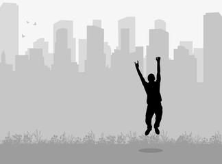 Fototapeta na wymiar Vector silhouette man jumping on city background