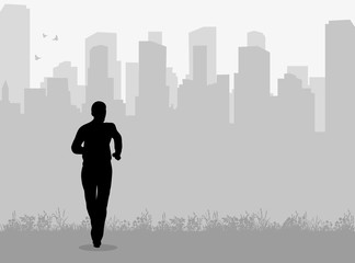 Fototapeta na wymiar Vector silhouette man running on city background