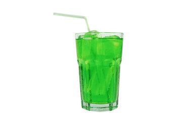 Green soda favour soft drink in clear glass isolated on white background