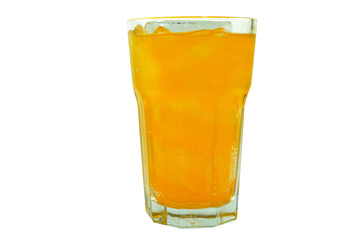 Orange soda favour soft drink in clear glass isolated on white background