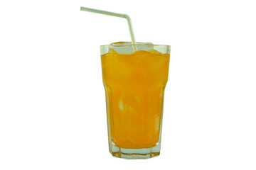 Orange soda favour soft drink in clear glass isolated on white background