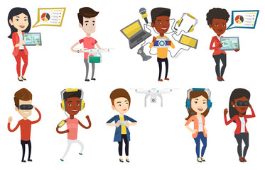 Young man flying drone with remote control. Man operating a drone with remote control. Man controling a drone with post package. Set of vector flat design illustrations isolated on white background.